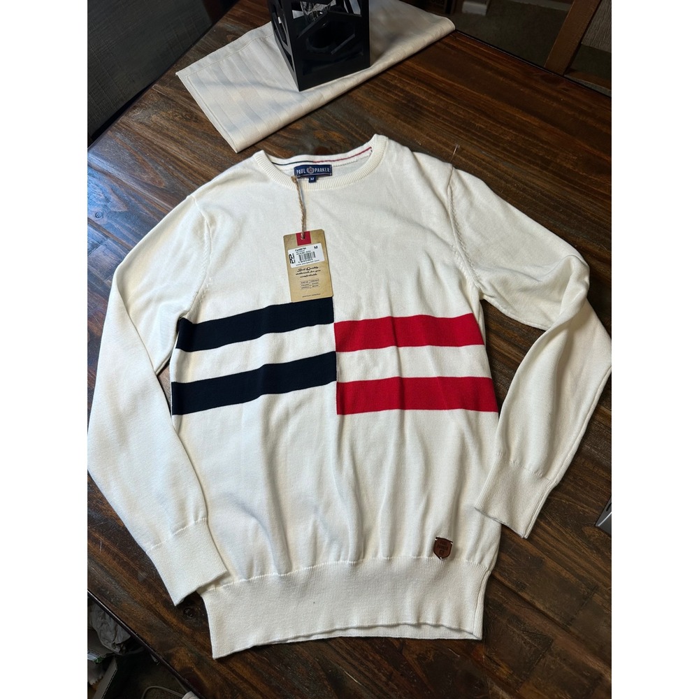 Paul Parker Mens Cotton Crew Neck Sweater Ecru Colorblock Stripes PA465784 M